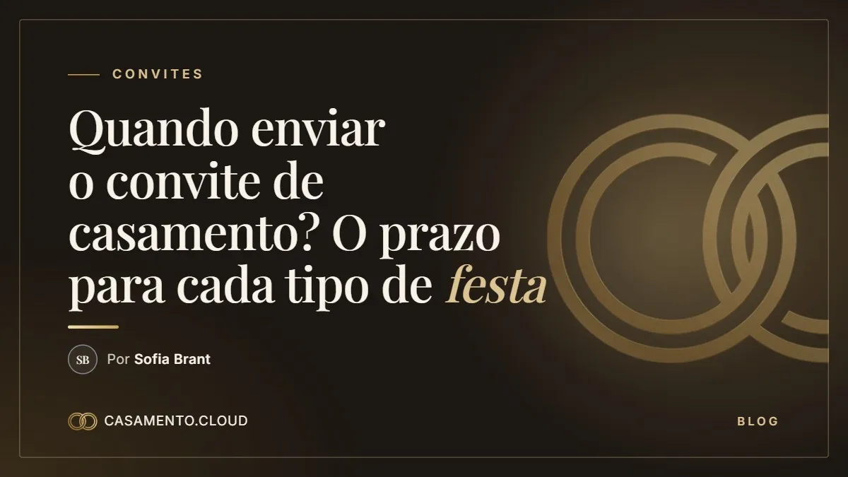 Arte escura com filete e anéis dourados e o título Quando enviar o convite de casamento