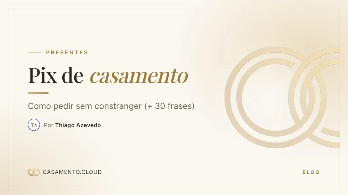 Arte em creme com anéis dourados e o título Pix de casamento, como pedir sem constranger