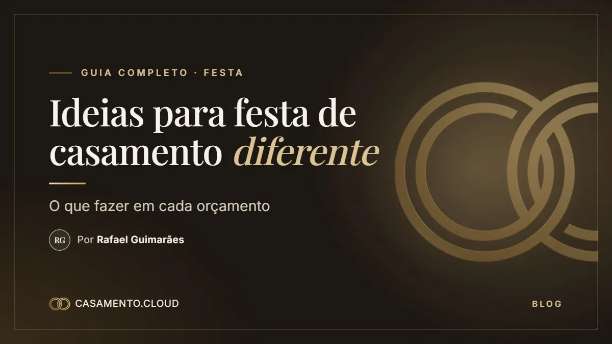 Capa com os anéis dourados do casamento.cloud e o título Ideias para festa de casamento diferente, por Rafael Guimarães