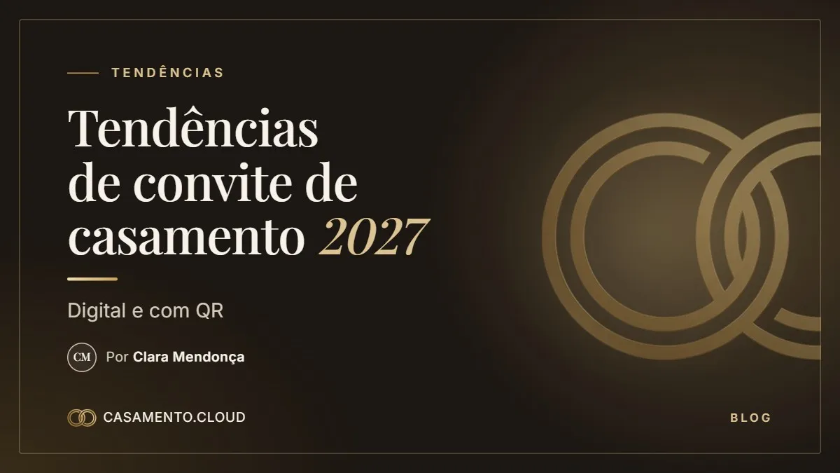 Título Tendências de convite de casamento 2027 sobre fundo escuro, com os anéis dourados do casamento.cloud