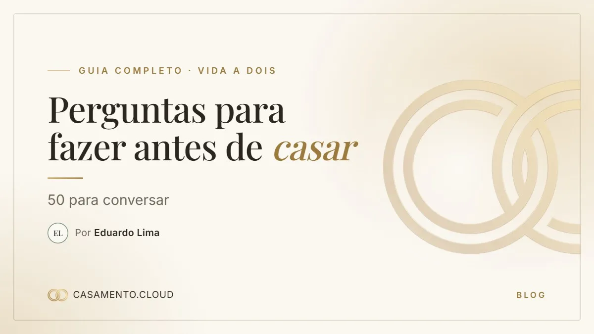 Capa em creme e dourado com dois anéis entrelaçados e o título Perguntas para fazer antes de casar, 50 para conversar