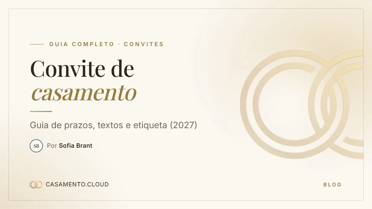 Capa em creme e dourado com dois anéis entrelaçados e o título Convite de casamento, guia de prazos, textos e etiqueta