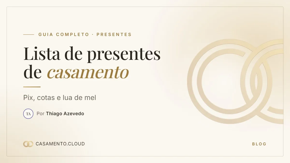 Arte de capa com alianças douradas, o título Lista de presentes de casamento e a assinatura de Thiago Azevedo