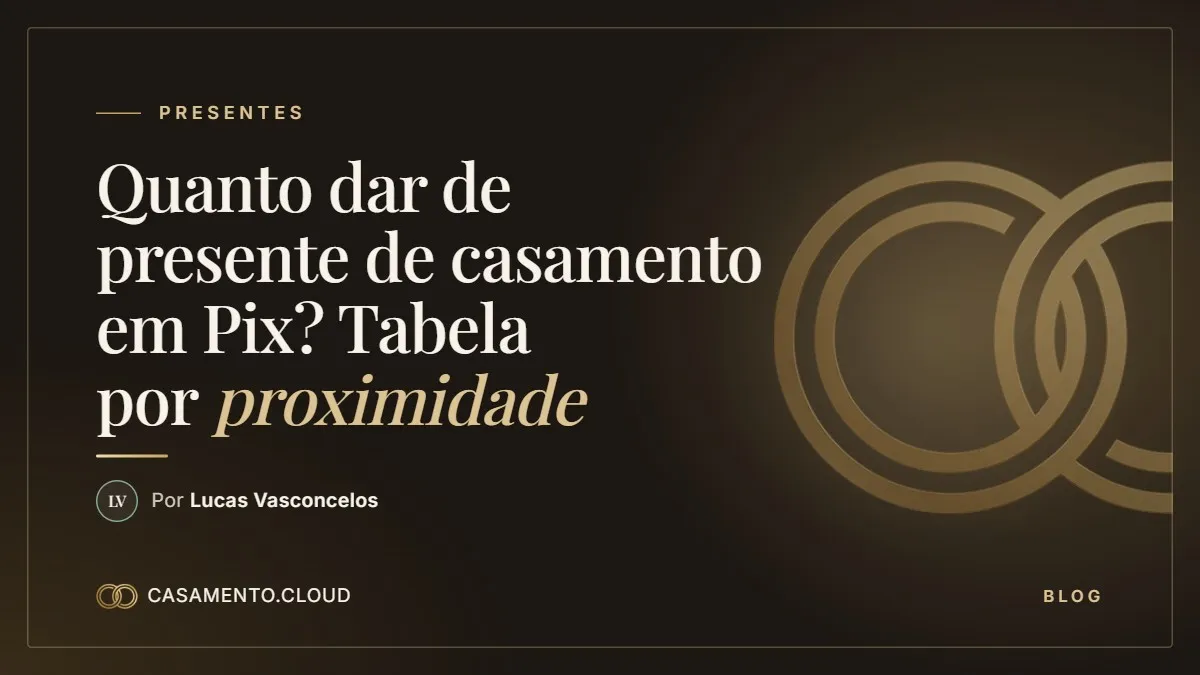 Arte de capa com alianças douradas, o título Quanto dar de presente de casamento em Pix e a assinatura de Lucas Vasconcelos