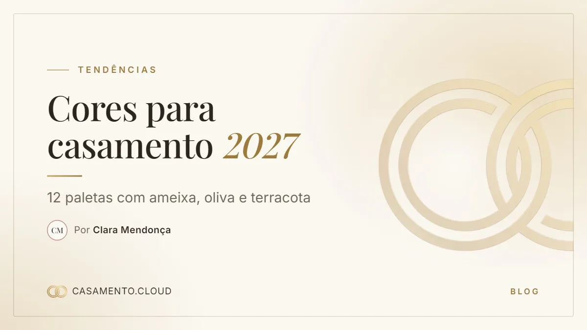 Arte em creme com anéis dourados e o título Cores para casamento 2027, 12 paletas com ameixa, oliva e terracota
